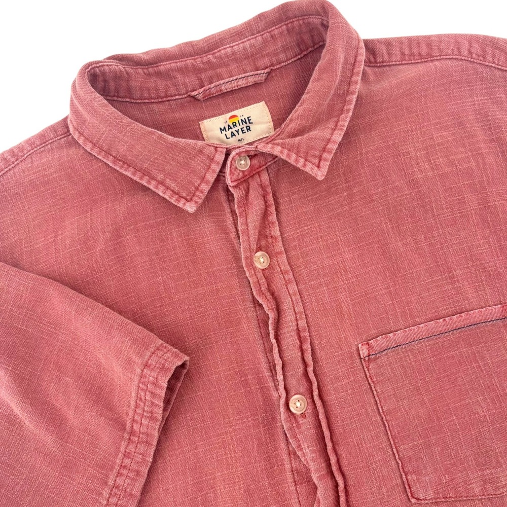 Marine Layer Mens Short Sleeve Cotton Slub Button Down Shirt Red Size M/L